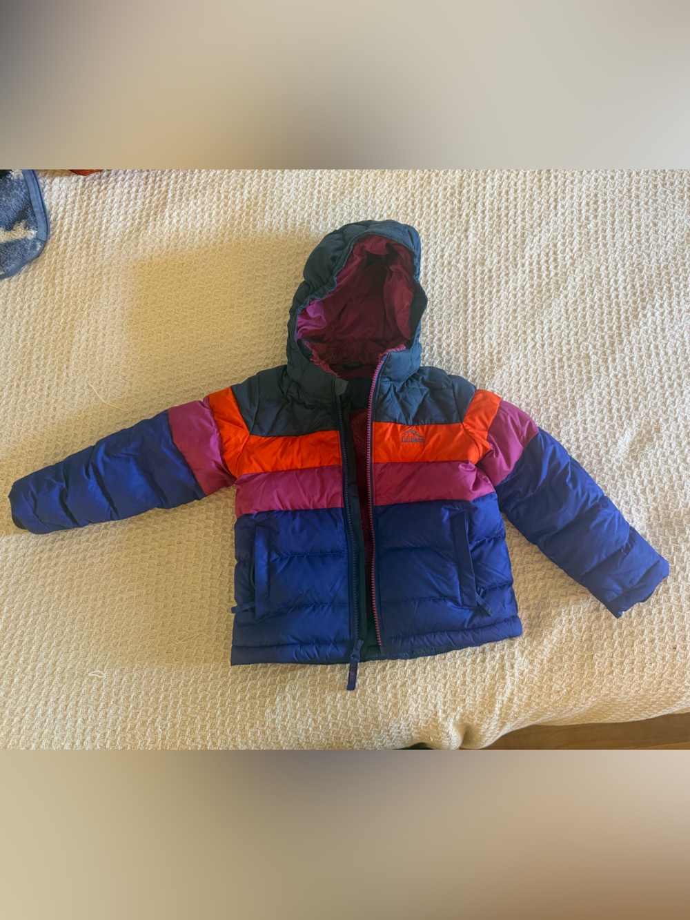 L.L. Bean Kids Colorblock Hooded Puffer Jacket in Blue, Orange & Purple Size 4